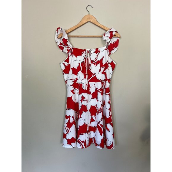 Revolve J.O.A. Floral Mini Dress Medium Red White Summer Ruffles Boho - Picture 3 of 11